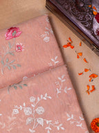 Peach Coral Soft Cotton Silk Floral Embroidered Saree with Silver Zari