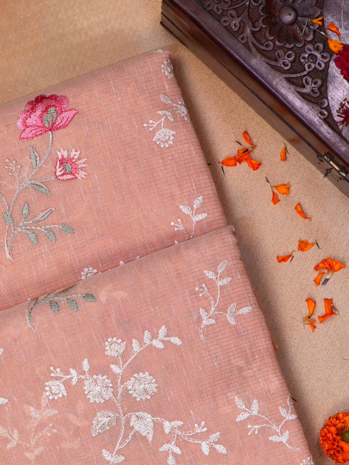Peach Coral Soft Cotton Silk Floral Embroidered Saree with Silver Zari
