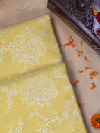 Light Yellow Soft Cotton Silk Floral Embroidered Saree with Silver Zari