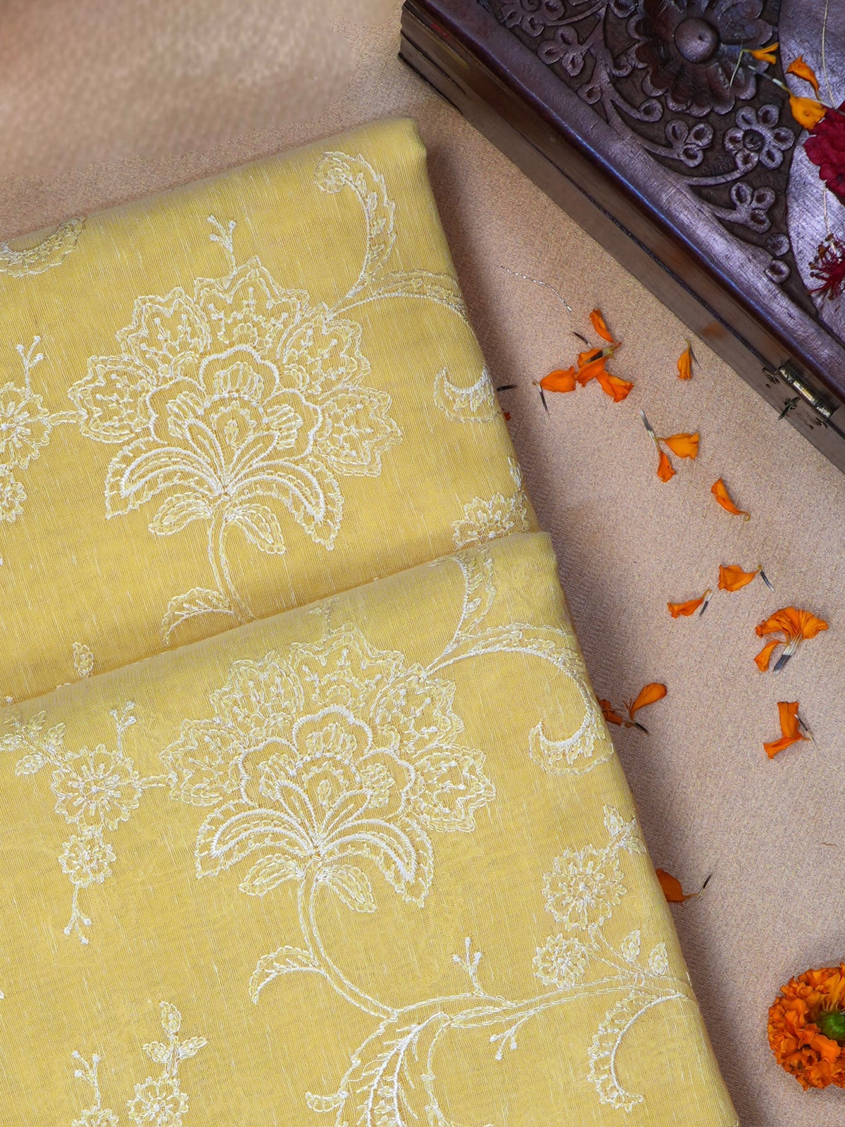 Light Yellow Soft Cotton Silk Floral Embroidered Saree with Silver Zari