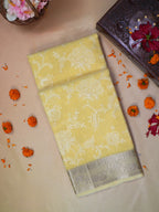 Light Yellow Soft Cotton Silk Floral Embroidered Saree with Silver Zari