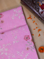 Pastel Pink Soft Cotton Silk Floral Embroidered Saree with Silver Zari