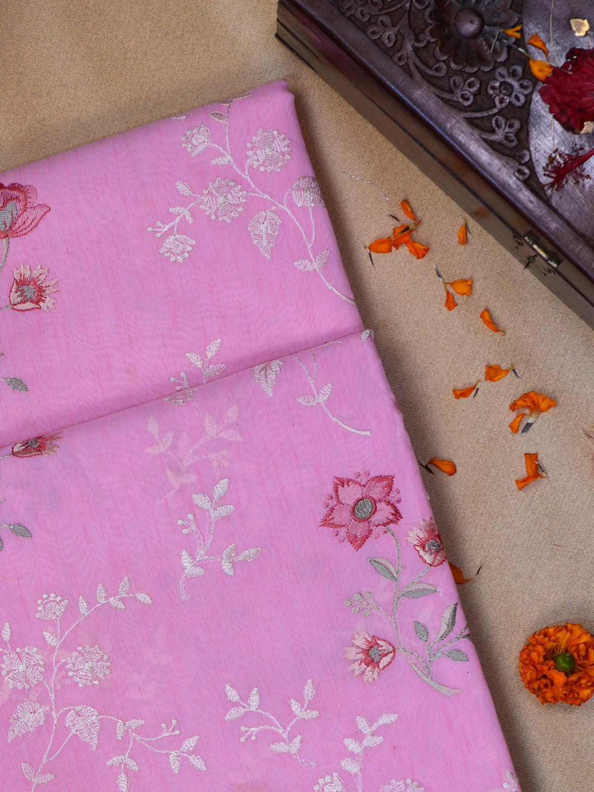 Pastel Pink Soft Cotton Silk Floral Embroidered Saree with Silver Zari