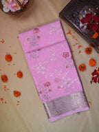 Pastel Pink Soft Cotton Silk Floral Embroidered Saree with Silver Zari