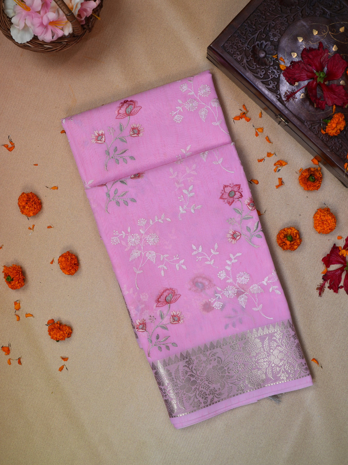 Pastel Pink Soft Cotton Silk Floral Embroidered Saree with Silver Zari