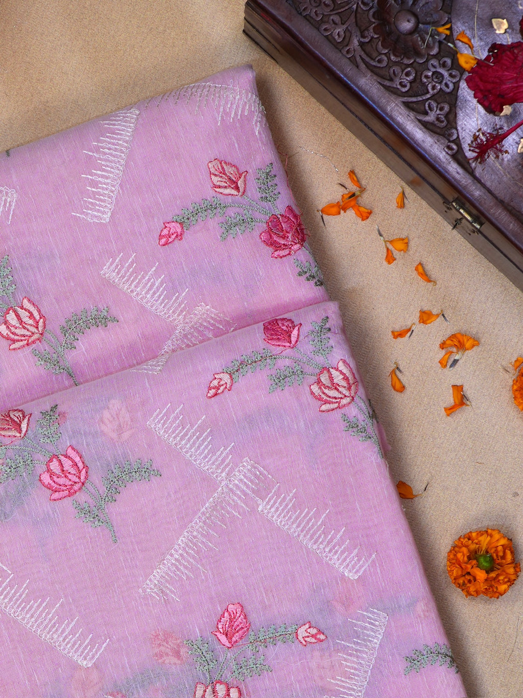 Lilac Pink Soft Cotton Silk Floral Embroidered Saree with Silver Zari