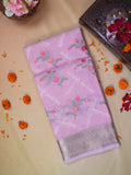 Lilac Pink Soft Cotton Silk Floral Embroidered Saree with Silver Zari