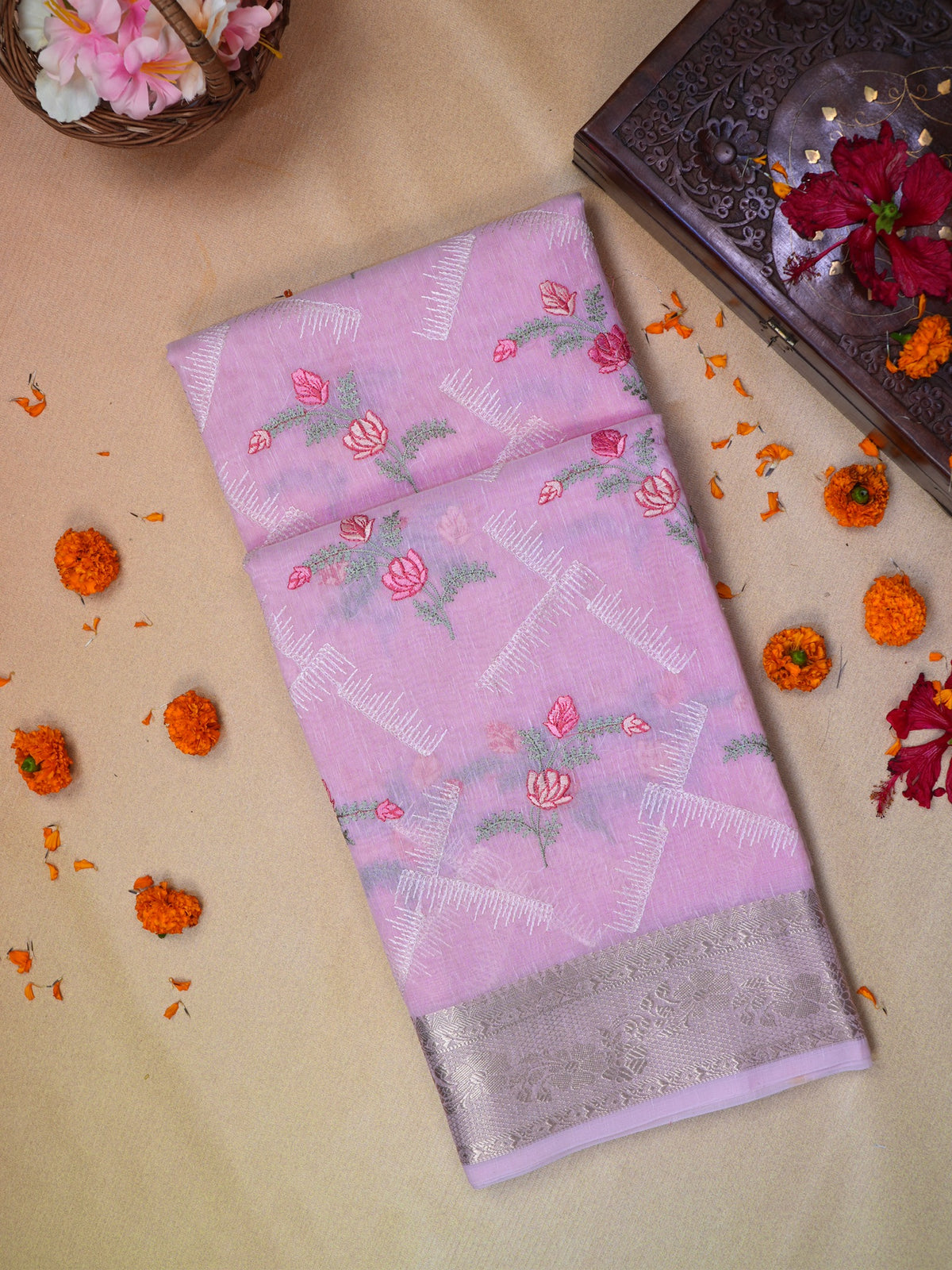 Lilac Pink Soft Cotton Silk Floral Embroidered Saree with Silver Zari