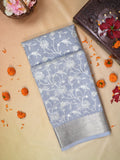 Steel Grey Soft Cotton Silk Floral Embroidered Saree with Silver Zari