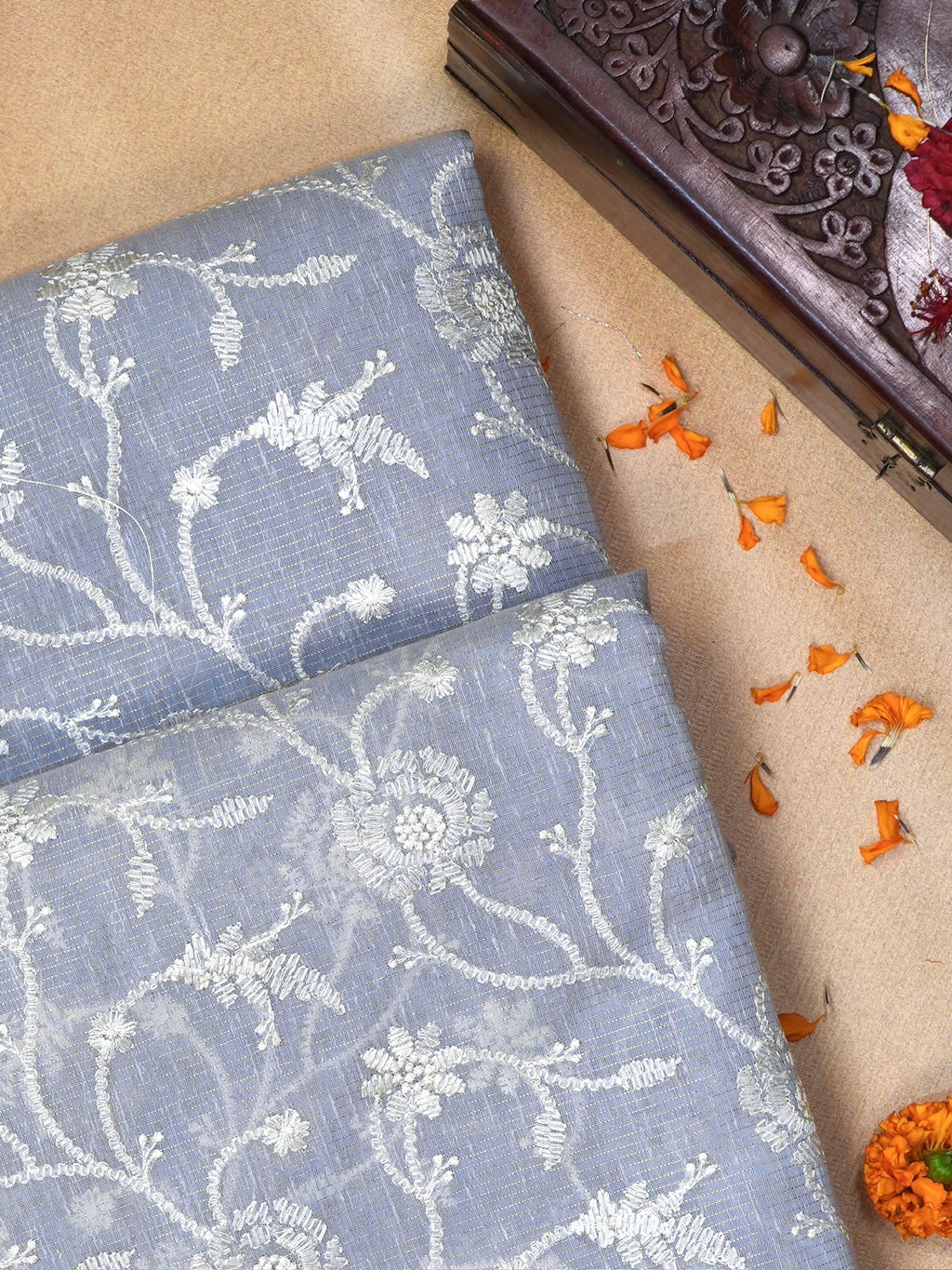 Steel Grey Soft Cotton Silk Floral Embroidered Saree with Silver Zari