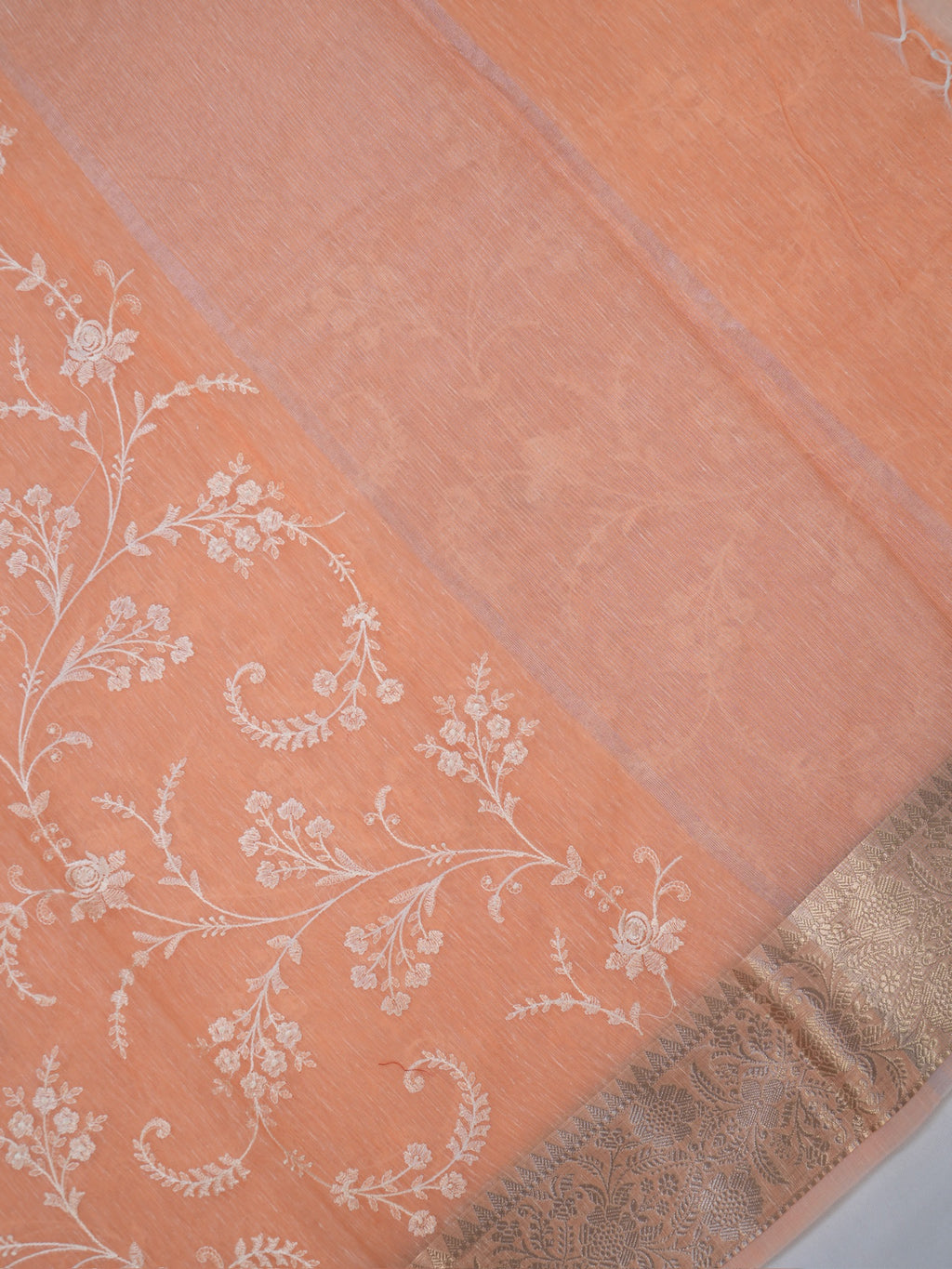 Peach Soft Cotton Silk Embroidered Saree with Silver Zari