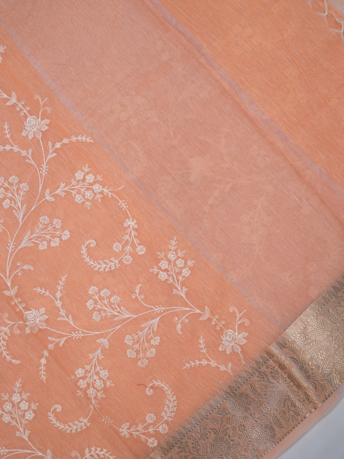Peach Soft Cotton Silk Embroidered Saree with Silver Zari
