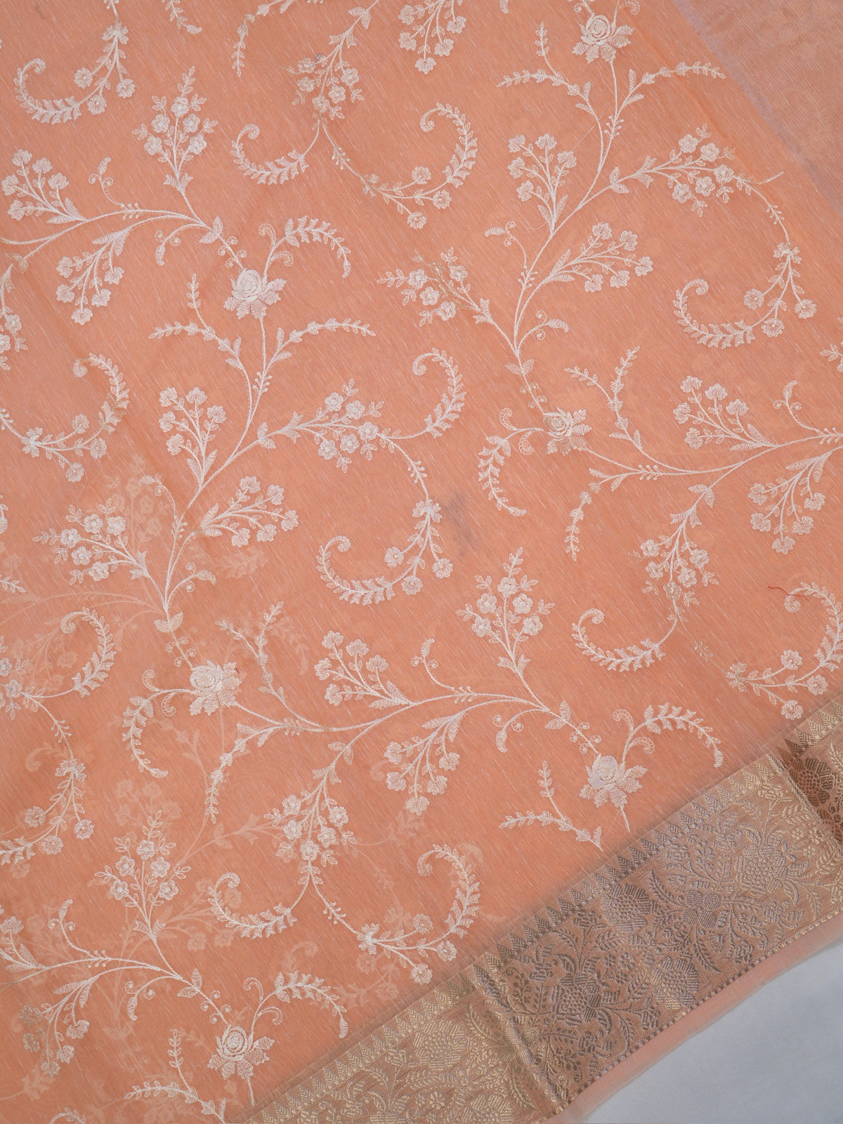 Peach Soft Cotton Silk Embroidered Saree with Silver Zari