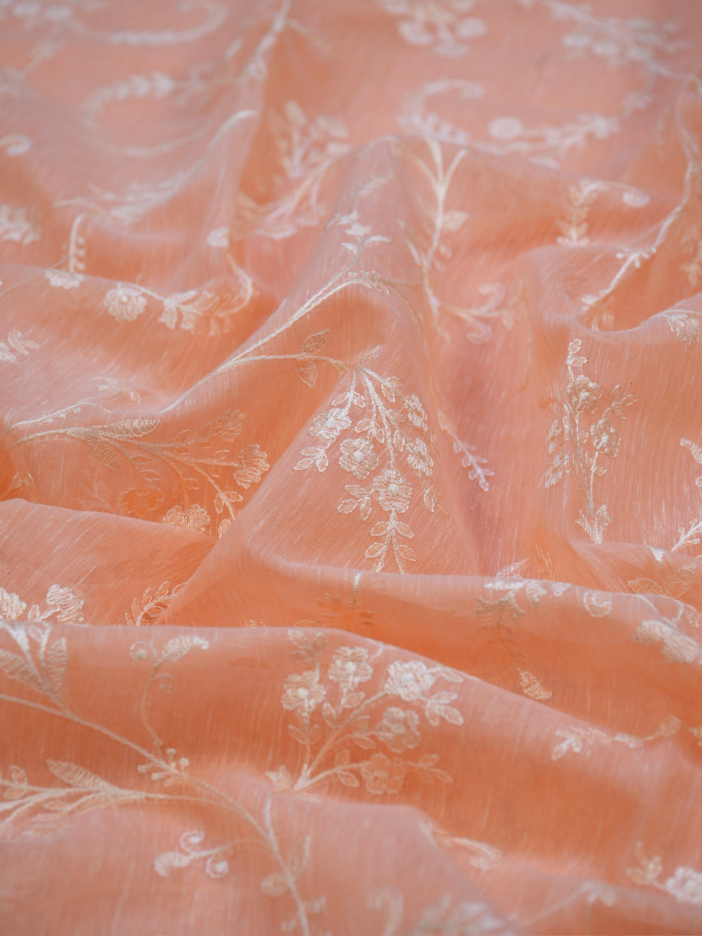 Peach Soft Cotton Silk Embroidered Saree with Silver Zari