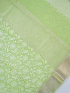 Lime Green Soft Cotton Silk Floral Vine Embroidered Saree with Silver Zari