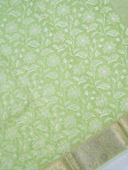 Lime Green Soft Cotton Silk Floral Vine Embroidered Saree with Silver Zari