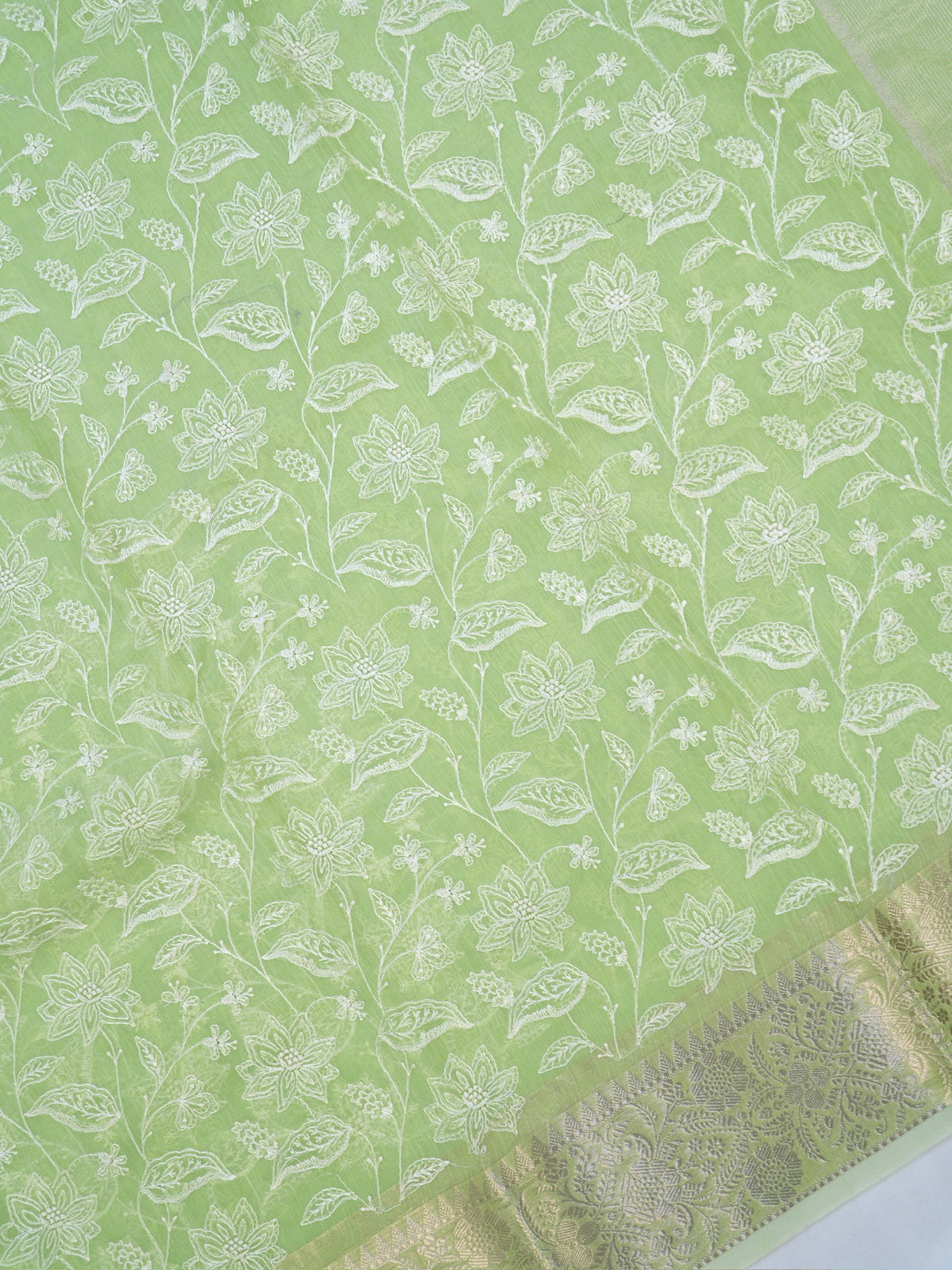 Lime Green Soft Cotton Silk Floral Vine Embroidered Saree with Silver Zari
