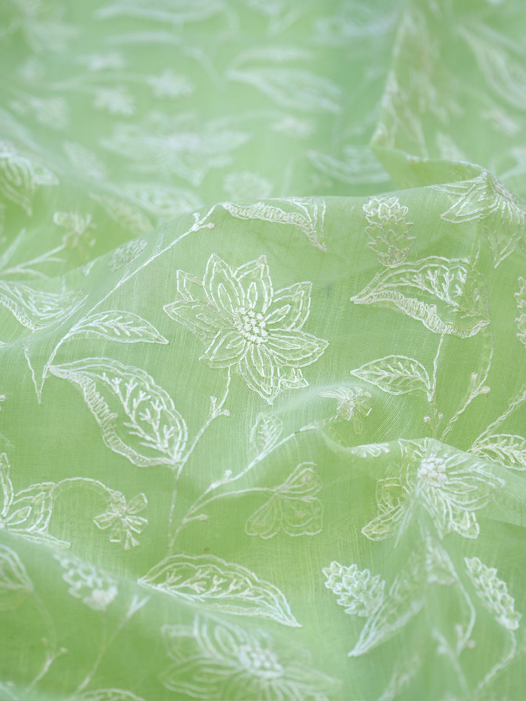 Lime Green Soft Cotton Silk Floral Vine Embroidered Saree with Silver Zari