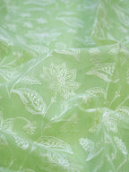 Lime Green Soft Cotton Silk Floral Vine Embroidered Saree with Silver Zari