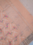 Peach Coral Soft Cotton Silk Floral &amp; Geometric Embroidered Saree with Silver Zari