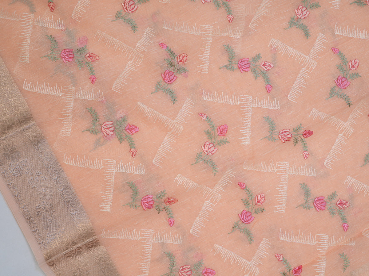 Peach Coral Soft Cotton Silk Floral &amp; Geometric Embroidered Saree with Silver Zari