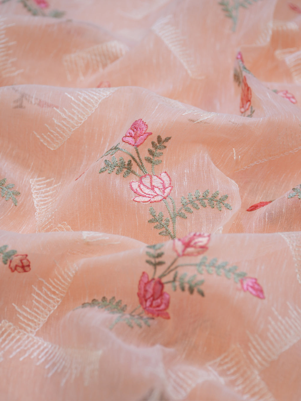 Peach Coral Soft Cotton Silk Floral &amp; Geometric Embroidered Saree with Silver Zari