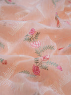 Peach Coral Soft Cotton Silk Floral &amp; Geometric Embroidered Saree with Silver Zari