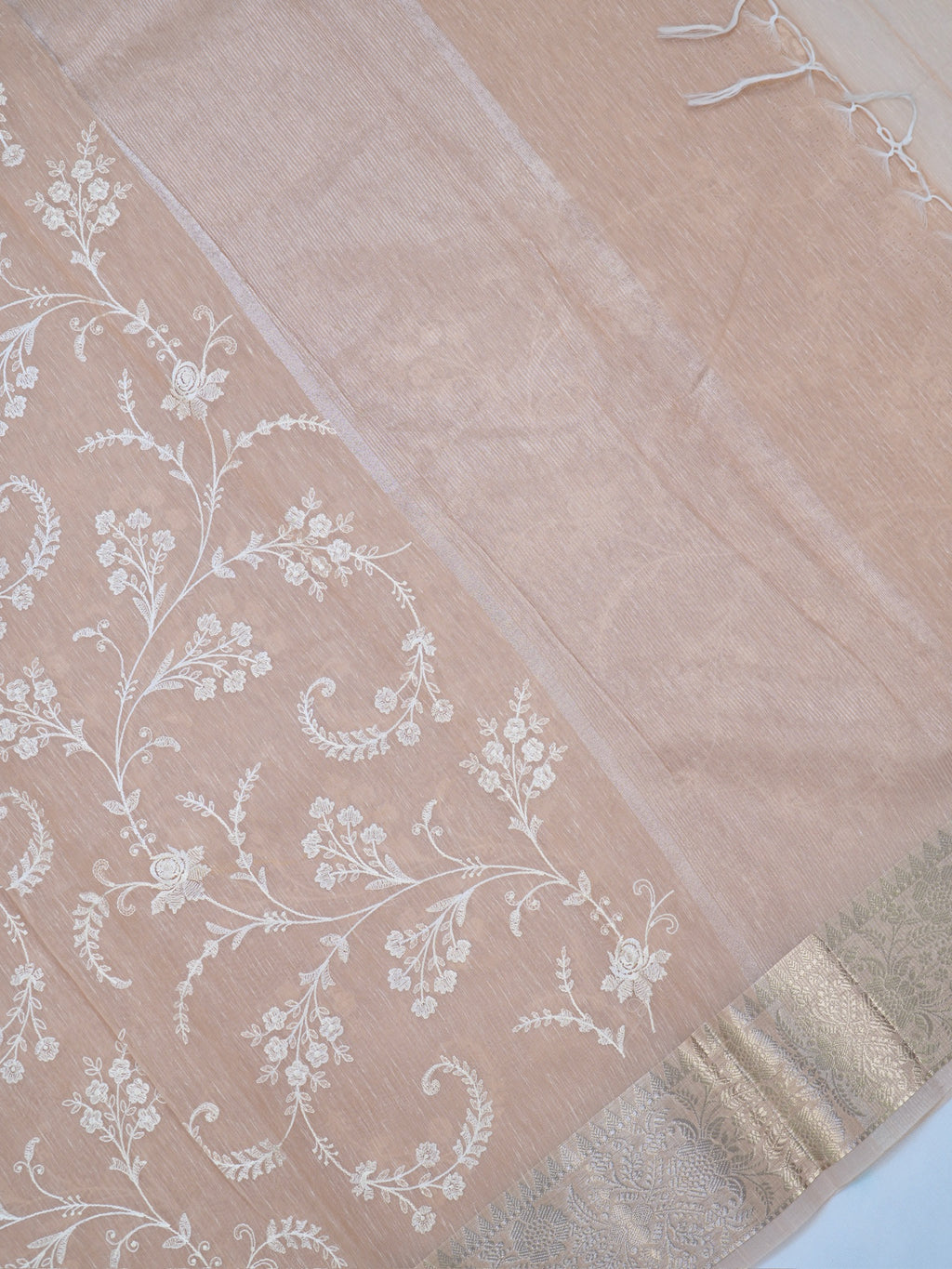 Beige Taupe Soft Cotton Silk Embroidered Saree with Silver Zari