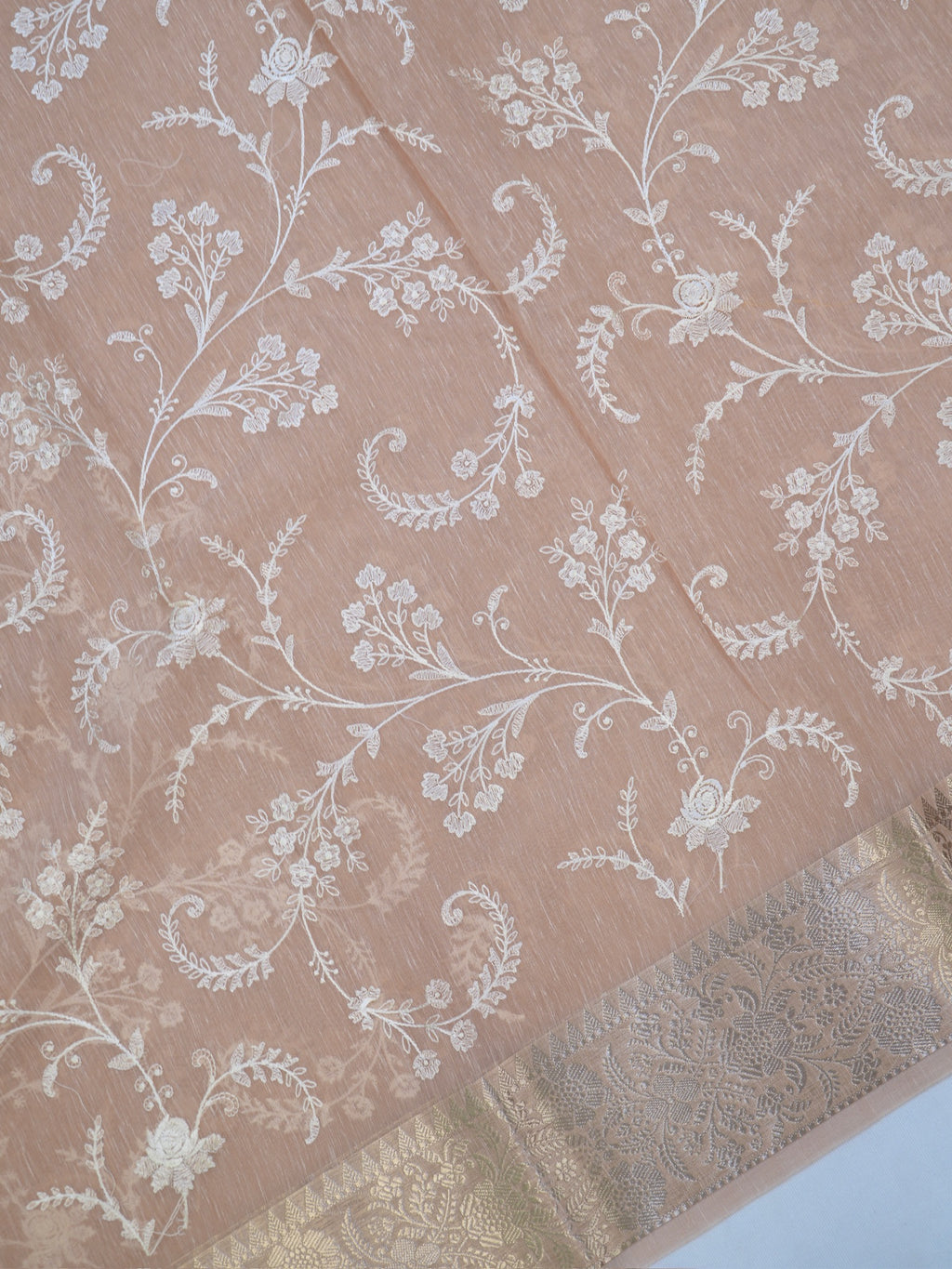 Beige Taupe Soft Cotton Silk Embroidered Saree with Silver Zari
