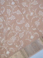 Beige Taupe Soft Cotton Silk Embroidered Saree with Silver Zari