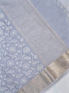 Powder Blue Soft Cotton Silk Floral Vine Embroidered Saree with Silver Zari