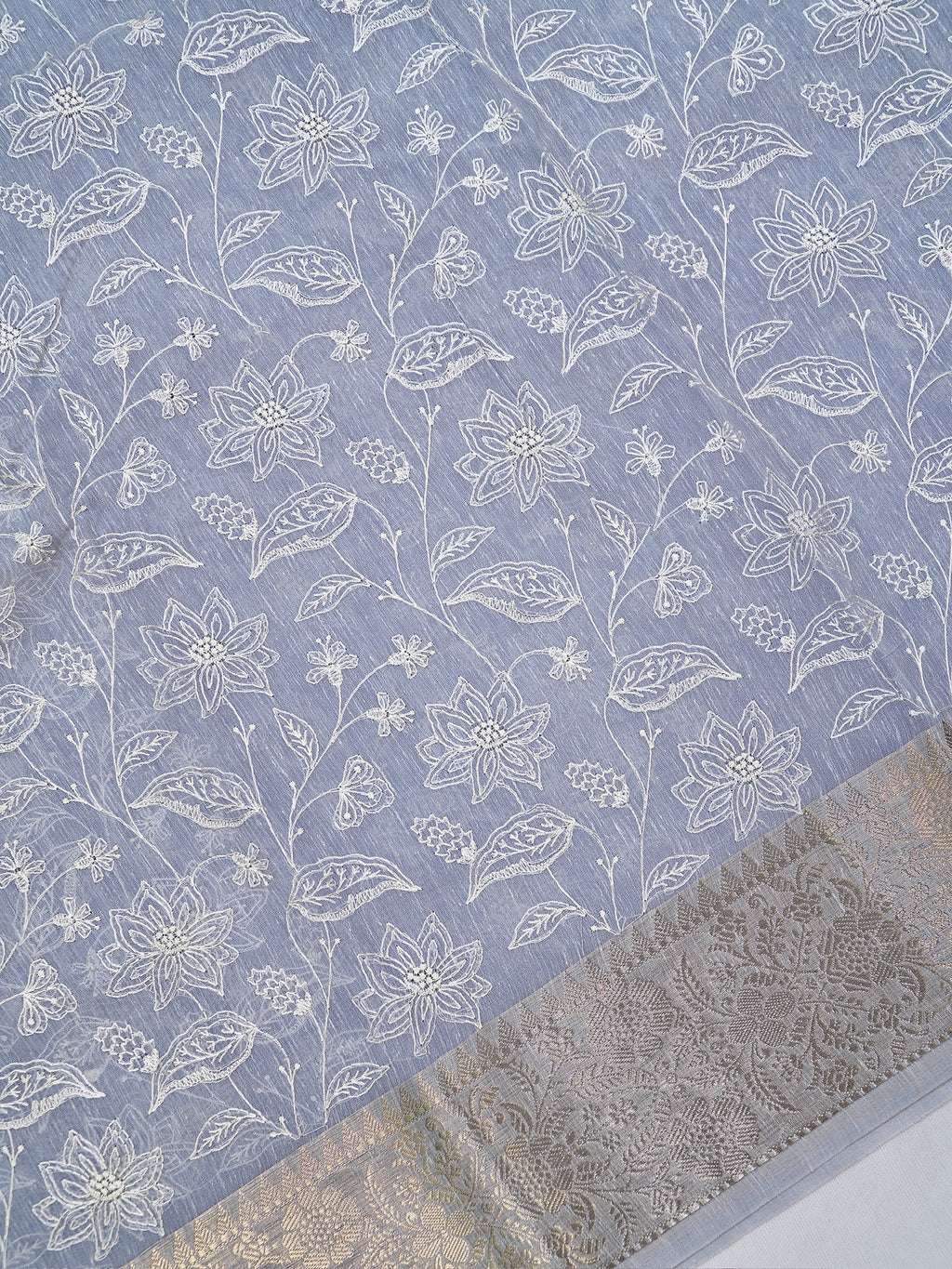Powder Blue Soft Cotton Silk Floral Vine Embroidered Saree with Silver Zari
