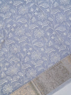 Powder Blue Soft Cotton Silk Floral Vine Embroidered Saree with Silver Zari