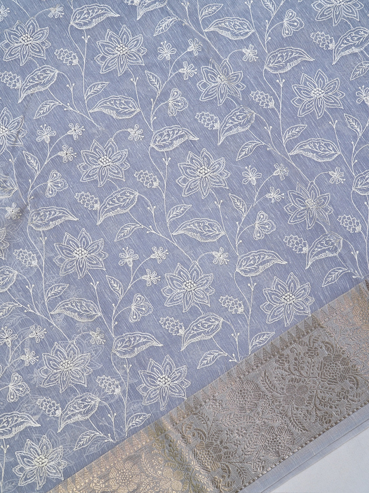 Powder Blue Soft Cotton Silk Floral Vine Embroidered Saree with Silver Zari