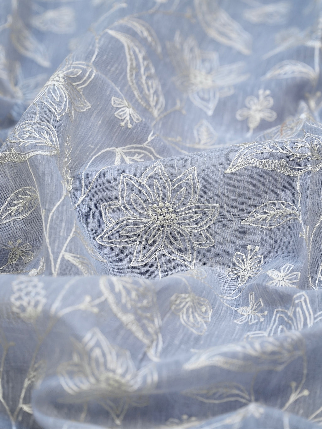 Powder Blue Soft Cotton Silk Floral Vine Embroidered Saree with Silver Zari
