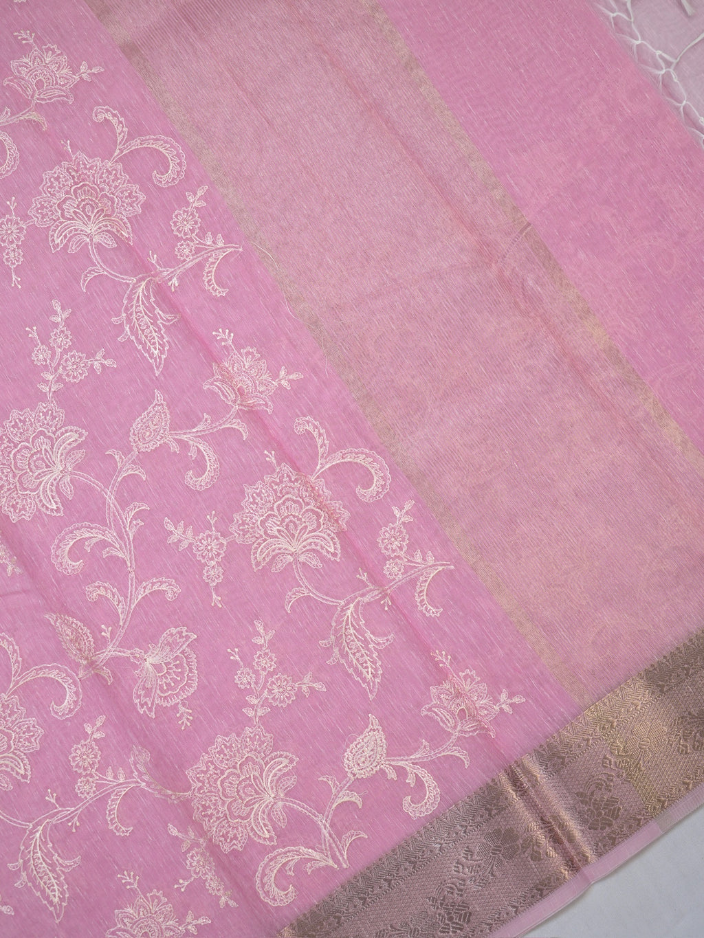 Light Pink Soft Cotton Silk Floral Embroidered Saree with Silver Zari