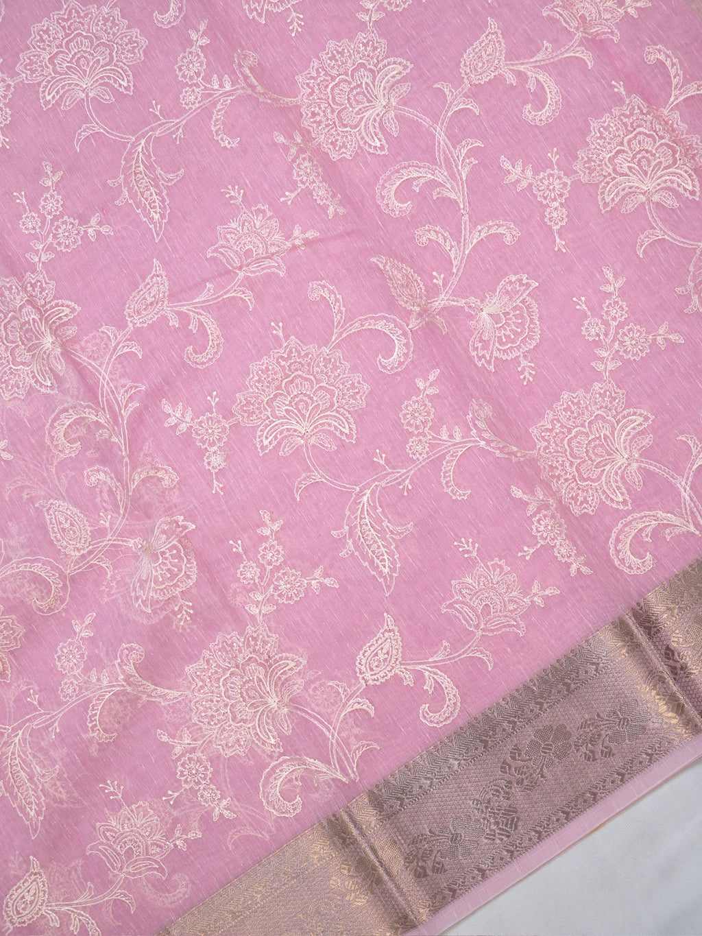 Light Pink Soft Cotton Silk Floral Embroidered Saree with Silver Zari