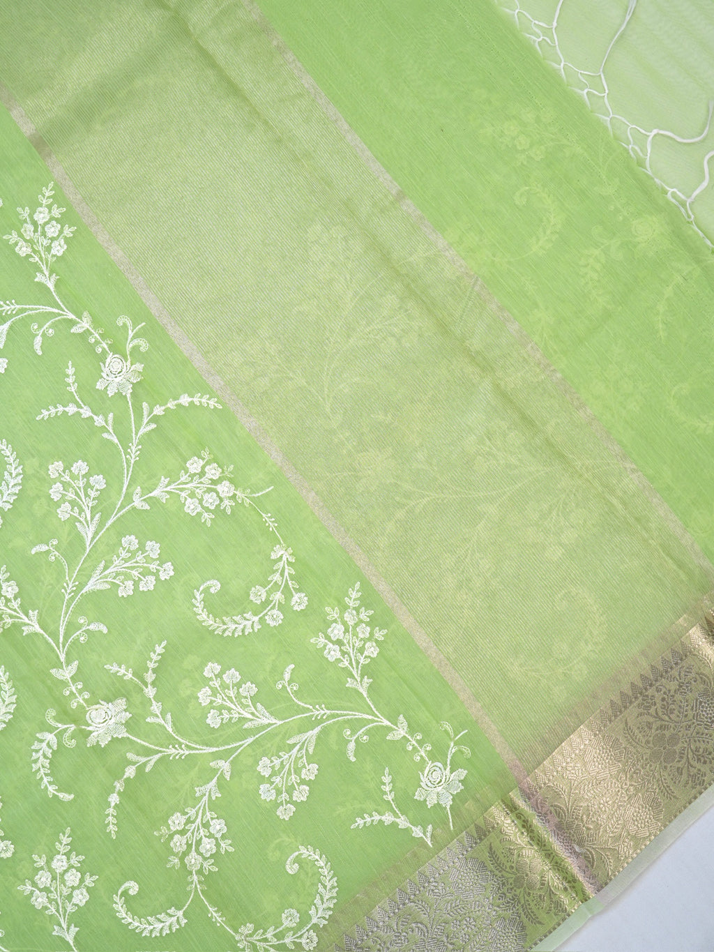 Light Green Soft Cotton Silk  Embroidered Saree with Silver Zari