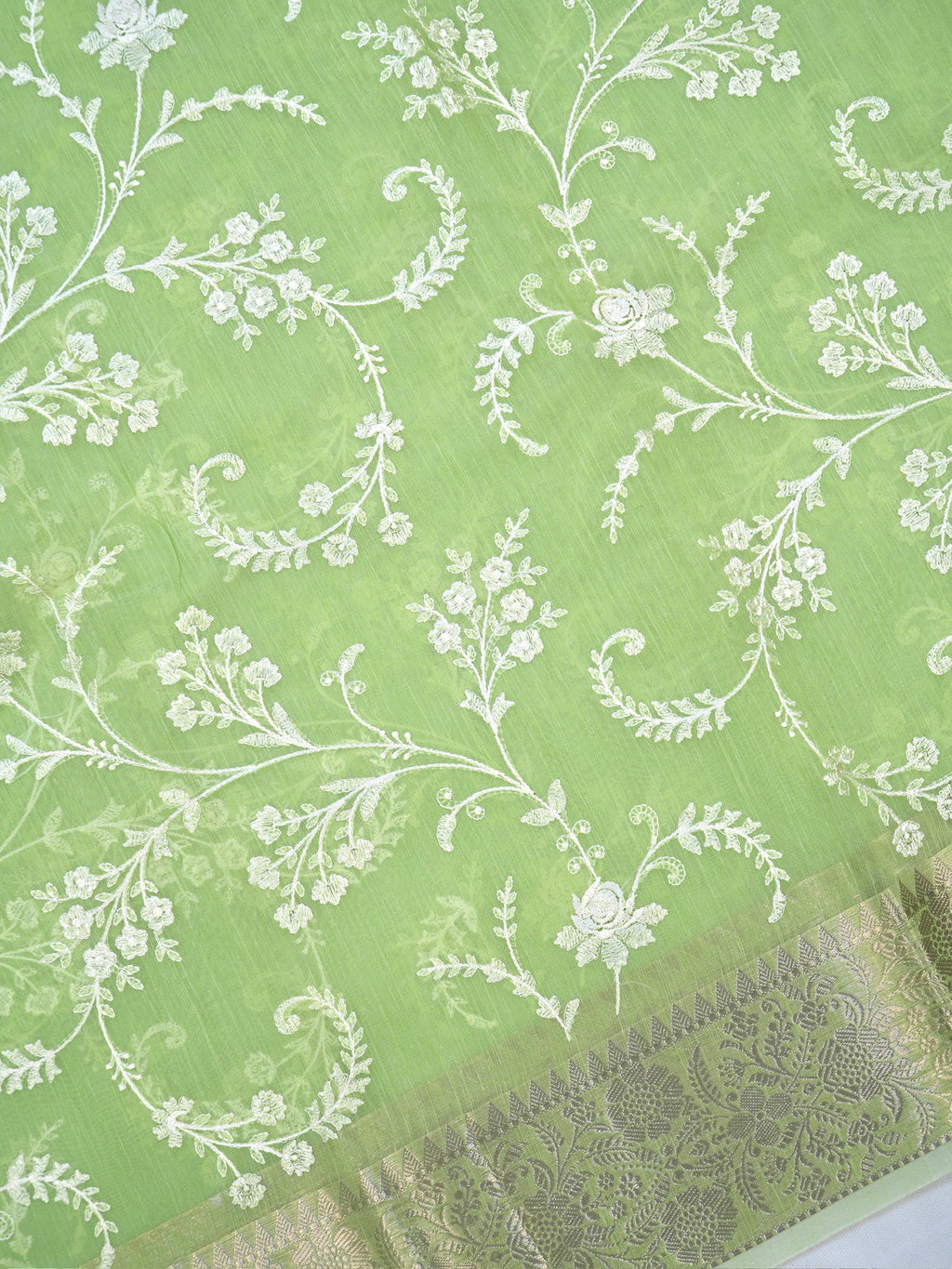 Light Green Soft Cotton Silk  Embroidered Saree with Silver Zari