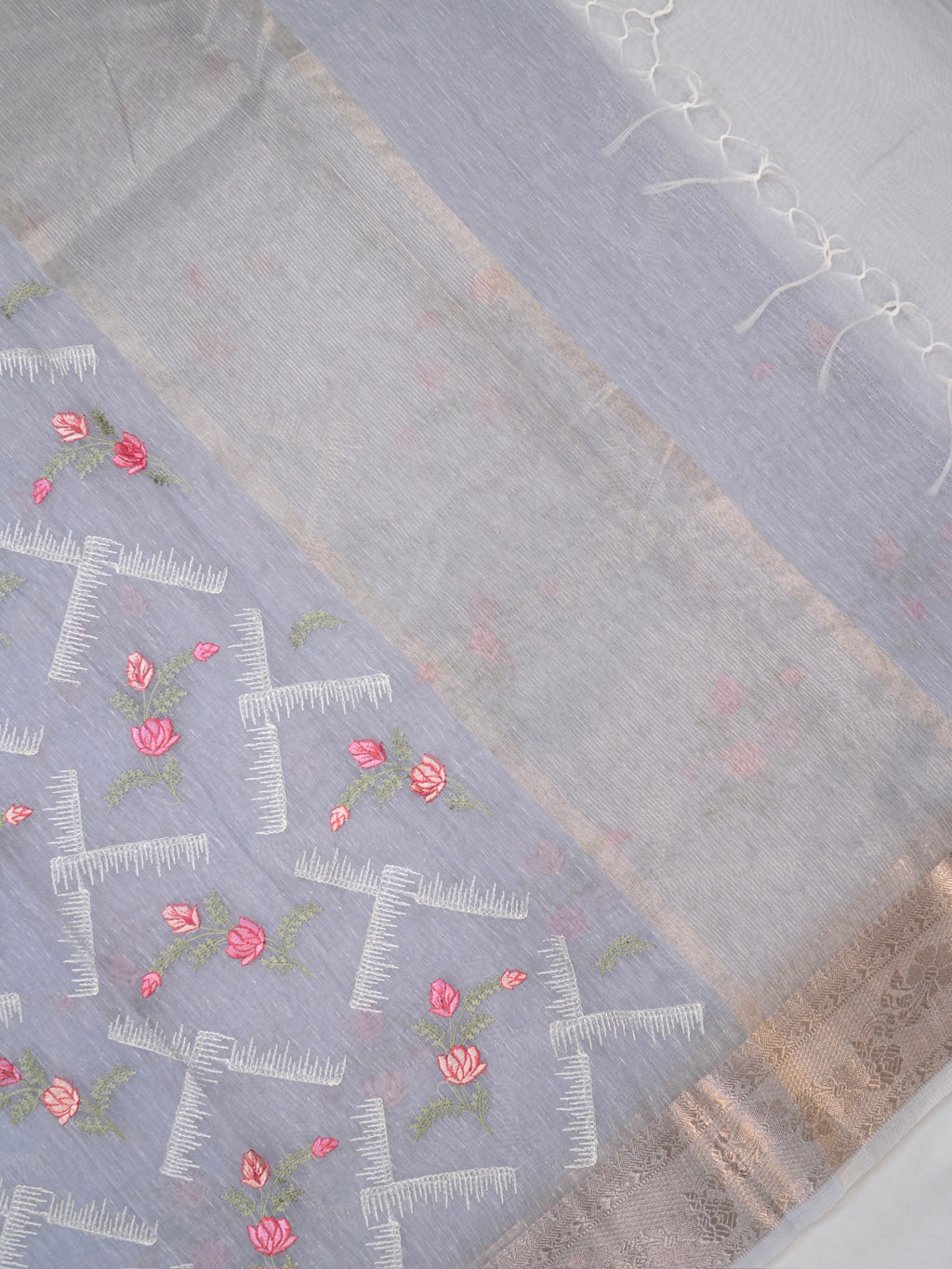 Grey Soft Cotton Silk Floral Embroidered Saree with Silver Zari