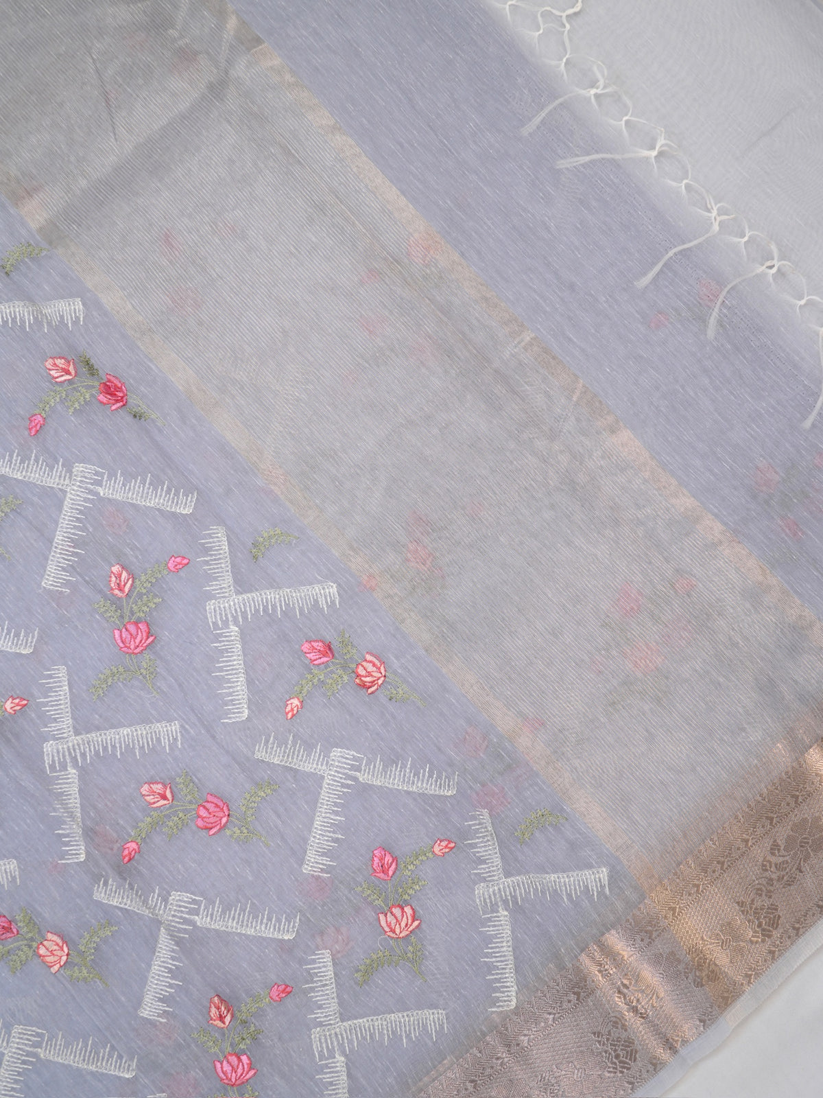 Grey Soft Cotton Silk Floral Embroidered Saree with Silver Zari