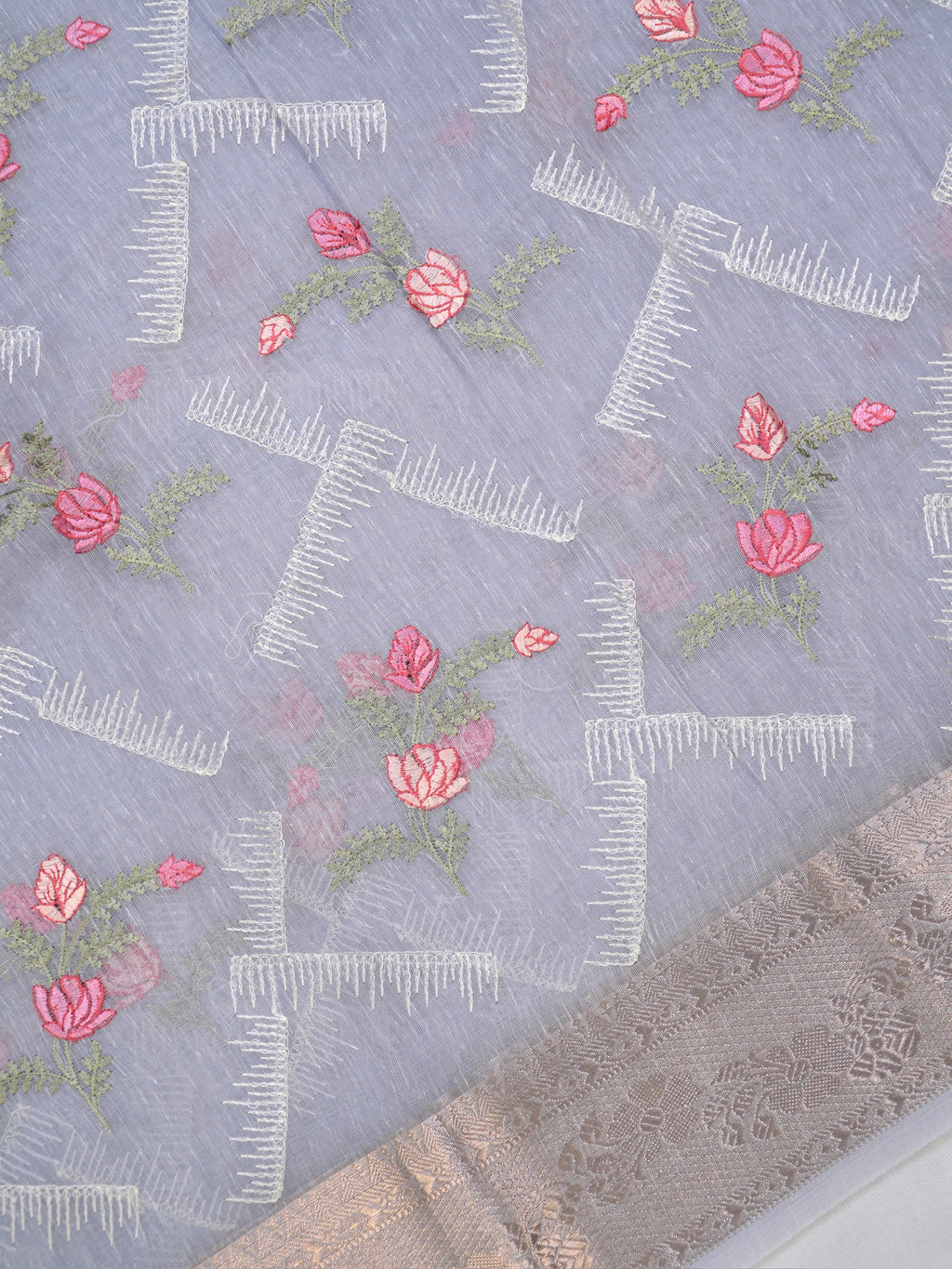 Grey Soft Cotton Silk Floral Embroidered Saree with Silver Zari