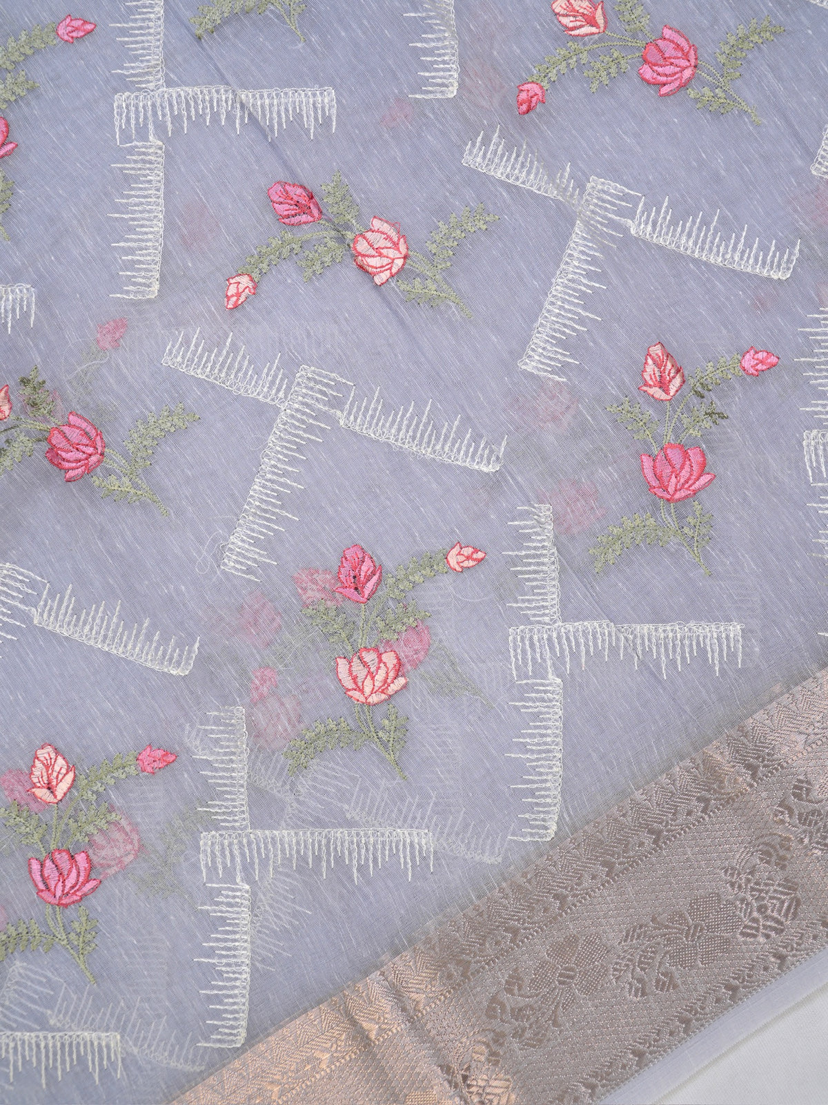 Grey Soft Cotton Silk Floral Embroidered Saree with Silver Zari