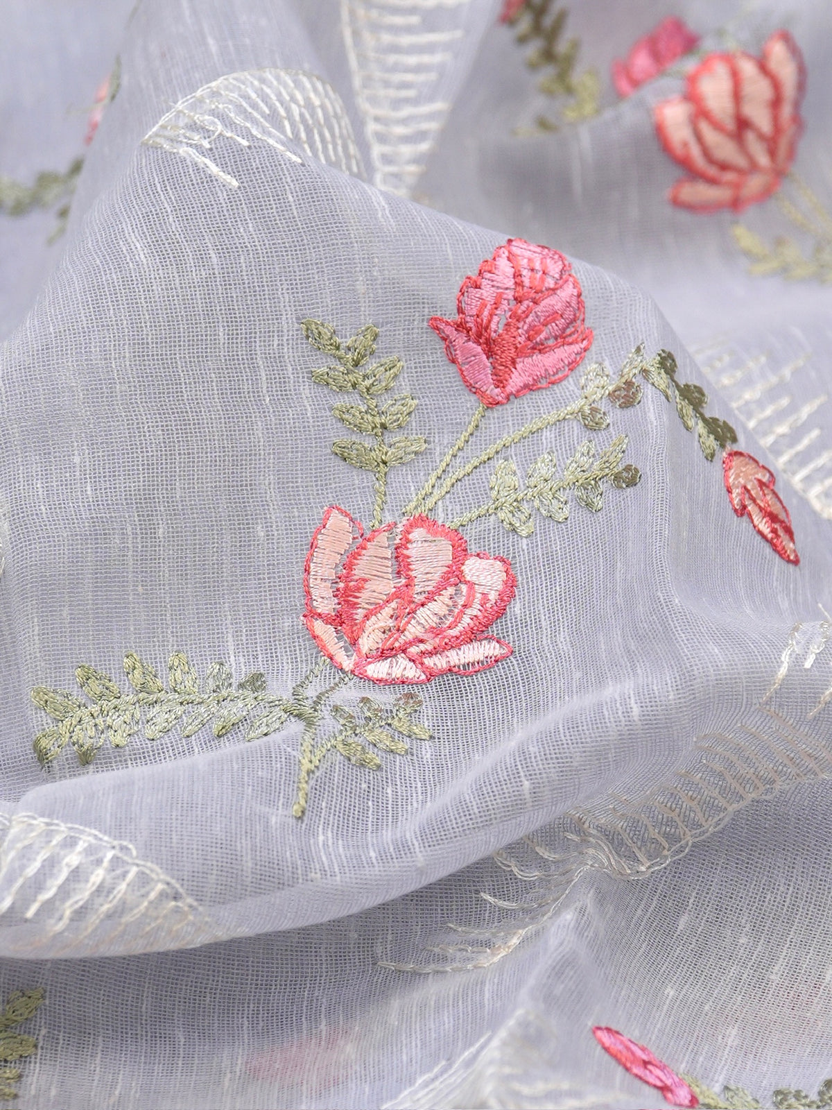 Grey Soft Cotton Silk Floral Embroidered Saree with Silver Zari
