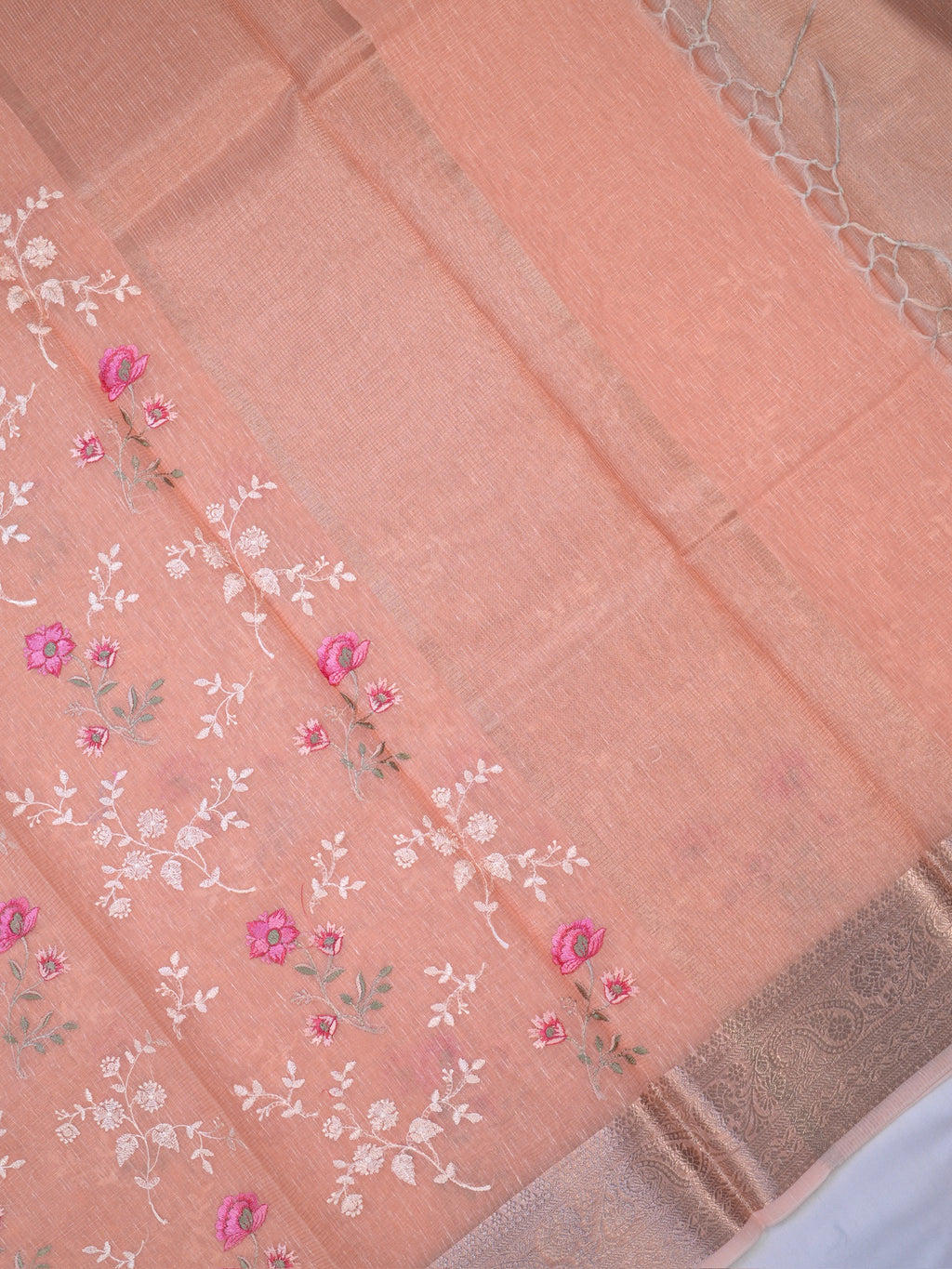 Peach Soft Cotton Silk Floral Embroidered Saree with Silver Zari