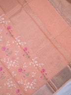 Peach Soft Cotton Silk Floral Embroidered Saree with Silver Zari