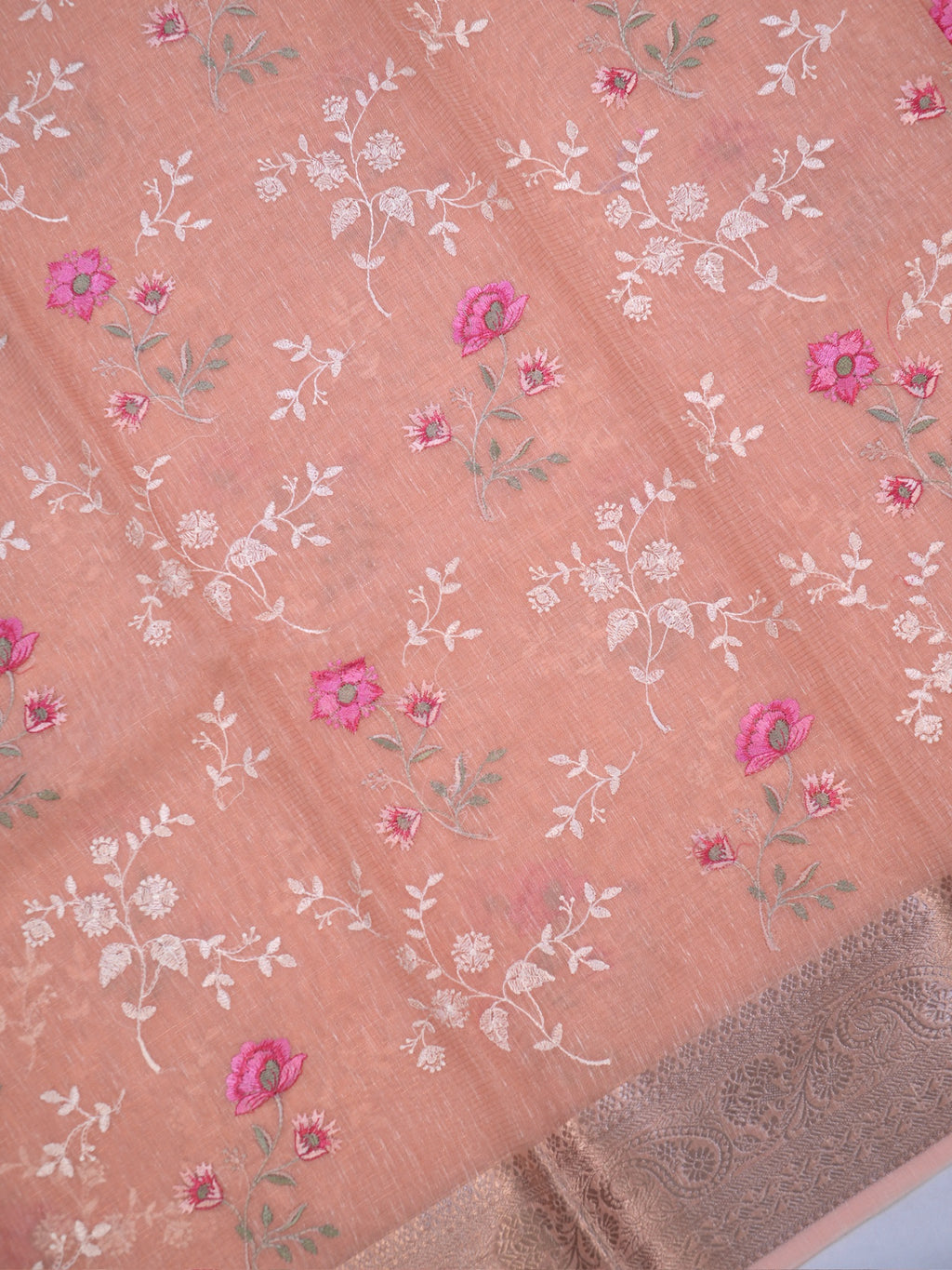 Peach Soft Cotton Silk Floral Embroidered Saree with Silver Zari