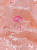 Peach Coral Soft Cotton Silk Floral Embroidered Saree with Silver Zari