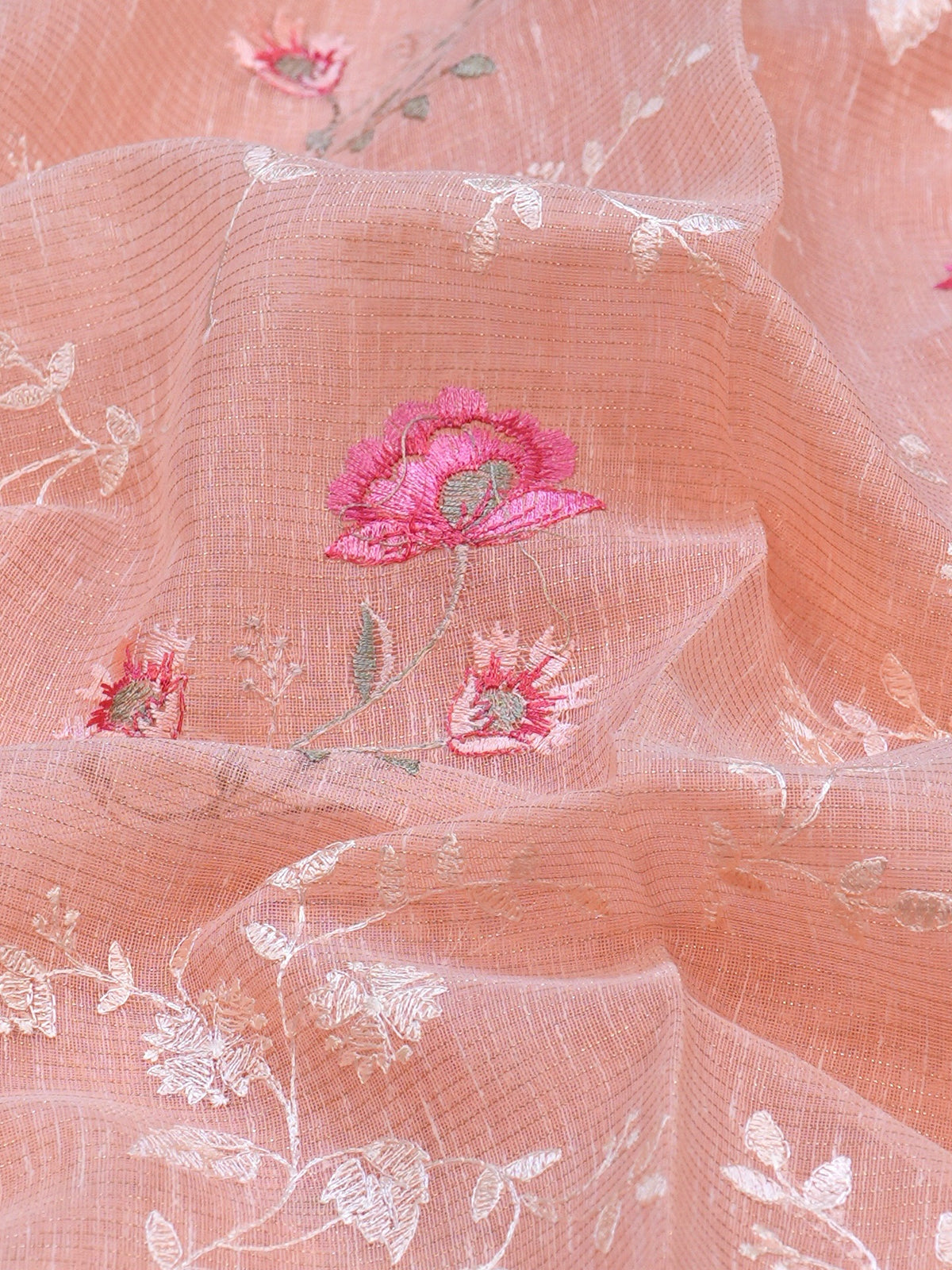 Peach Soft Cotton Silk Floral Embroidered Saree with Silver Zari