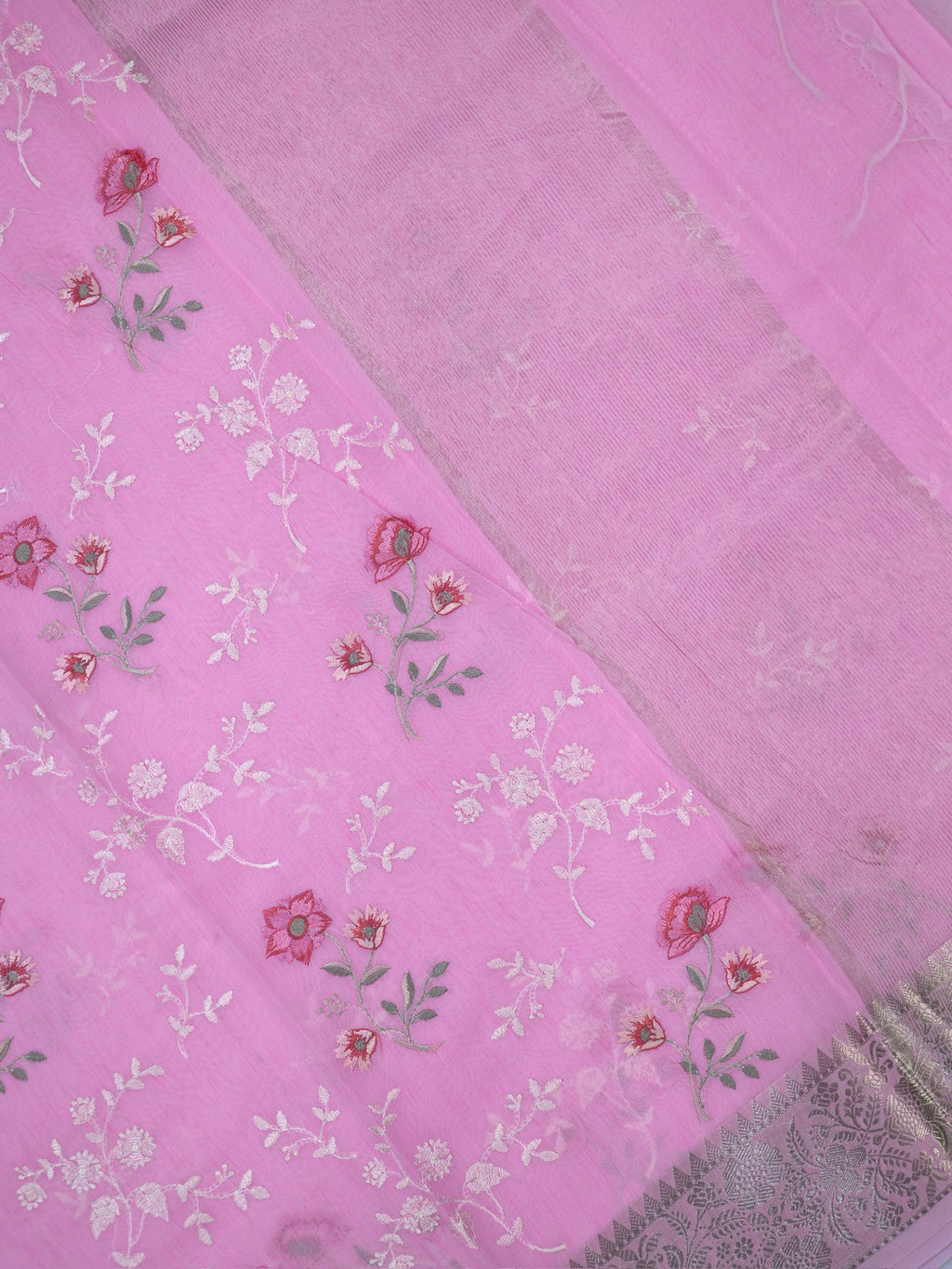 Pastel Pink Soft Cotton Silk Floral Embroidered Saree with Silver Zari